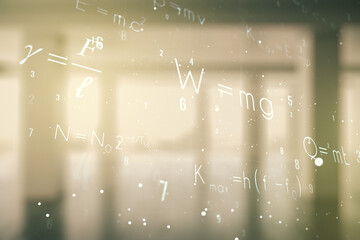 Double exposure of scientific formula hologram on empty modern office background, research and development concept