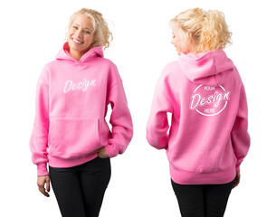 Women's pink hoodie template, front and back