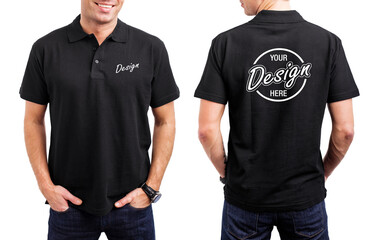 men's black polo shirt template, front and back