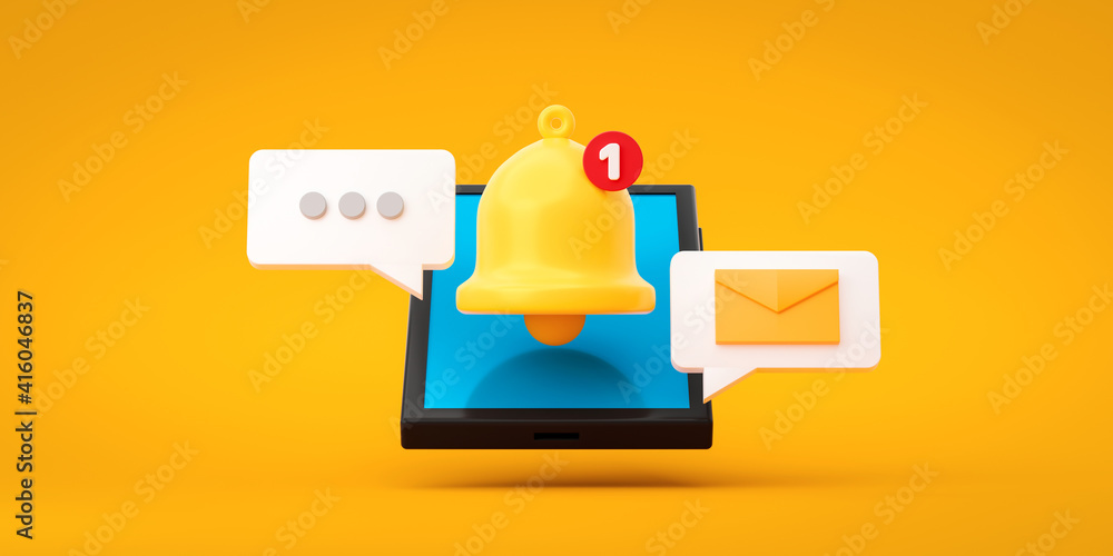 Notification message bell icon alert and alarm on yellow background with smartphone reminder. 3D rendering. - obrazy, fototapety, plakaty 