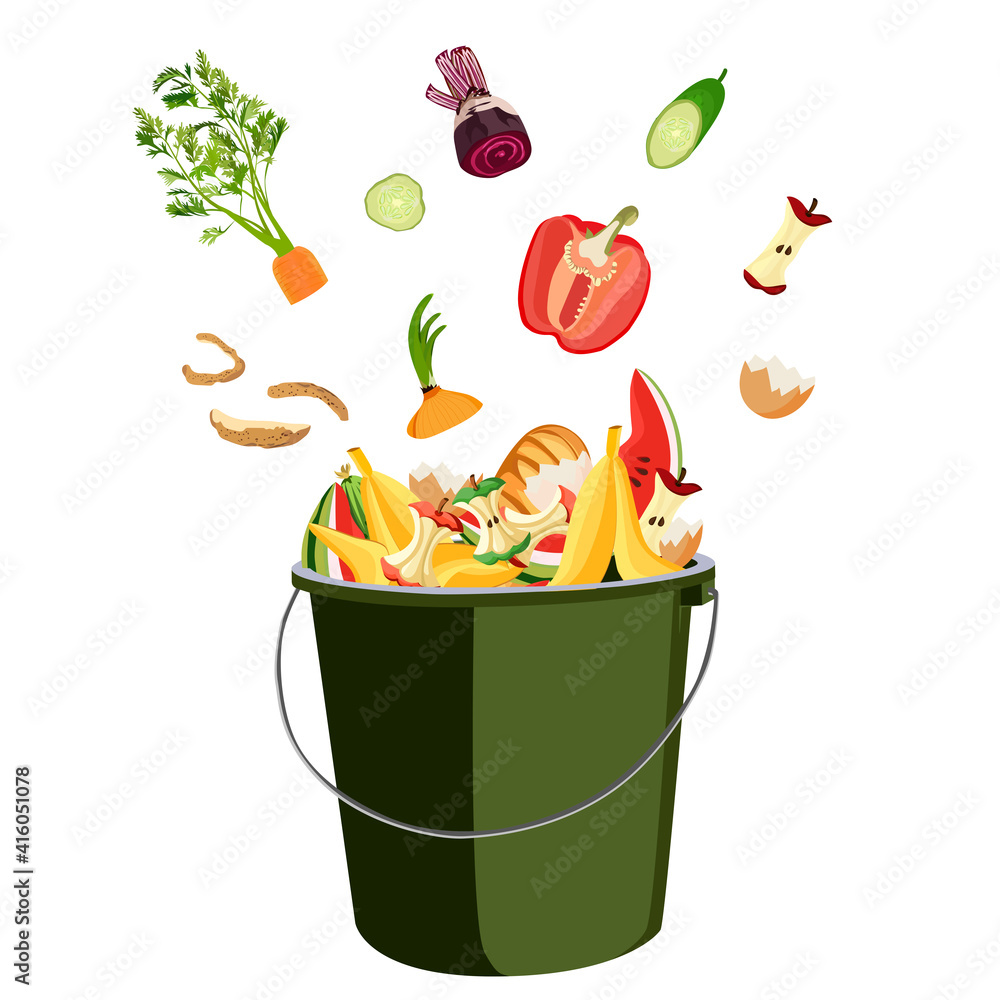 Trash bin for composting with leftover from kitchen. Kitchen food waste.  Zero waste. Vector illustration. Stock Vector | Adobe Stock, image size:1000x1000