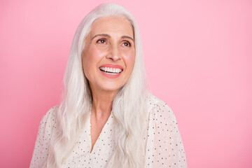 Sticker - Portrait of attractive cheerful dreamy grey-haired woman laughing funny joke isolated over pink pastel color background