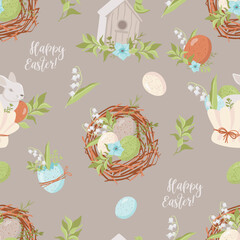 Wall Mural - Vector seamless pattern with Easter eggs and bunnies.