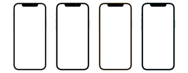 Wall Mural - Mockup / template. Smartphones four colors with blank screens for your design isolated on white background. 