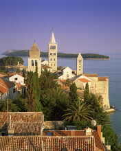 Elevated View Of The Medieval Rab Bell Towers And Town, Rab Town, Rab Island, Dalmatia, Dalmatian Coast, Croatia, Europe