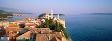 Elevatred View Of Medieval Rab Bell Towers And Town, Rab Town, Rab Island, Dalmatia, Dalmatian Coast, Croatia, Europe