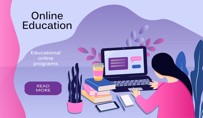 vector hand drawn illustration on the theme of online education, distance learning. the girl sits at the computer and studies. trending flat illustration, banner for websites, magazines and apps