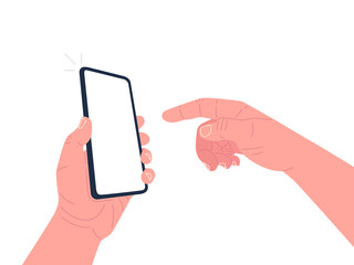 Wall Mural - one hand holds a smartphone and the other touches the screen. mockup for your text, app. vector illu