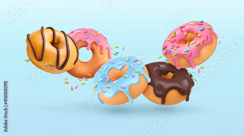 Falling glazed donuts with sprinkles. 3d realistic vector background © Natis