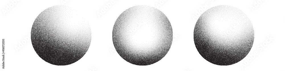 Dotwork 3D Spheres vector background. Sand grain effect. Black noise stipple dots. Abstract noise dotwork balls. Black dots grunge round elements. Stipple circles. Dotted vector spheres. - obrazy, fototapety, plakaty 