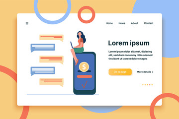 Woman with smartphone chatting and sending money. Online payment, transfer, transaction flat vector illustration. Finance, banking, paying concept for banner, website design or landing web page