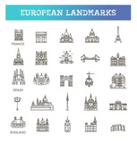 Fototapeta Londyn - Simple linear Vector icon set representing global tourist european landmarks and travel destinations for vacations