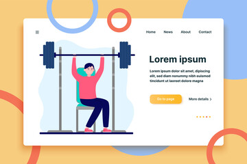 young guy training with barbells. weight, muscle, gym flat vector illustration. sport and fitness co