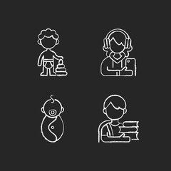 Poster - Aging process chalk white icons set on black background. Preschooler. Female teenager. Male newborn. Schoolboy. 1-2 years old boy. Adolescent years. Isolated vector chalkboard illustrations