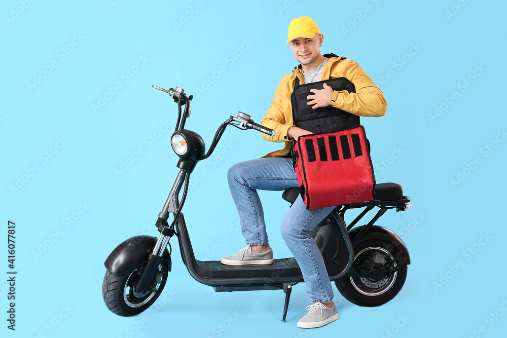 Courier of food delivery service on color background