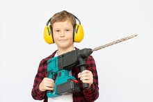Little Boy Holding A Hammer Drill Unscrew, Skillful Little Boy