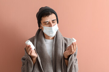 Poster - Sick man with pills on color background