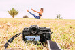 © simona - Sport motivation content video on camera pilates exercises outdoor woman - concept of production for blog and channel - body health material and concept lifestyle
