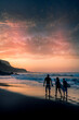 © simona - Surf group of people walk to the ocean waves to enjoy surf water sport activity in the sunset - concept of active lifestyle and summer holdiay vacation together friends