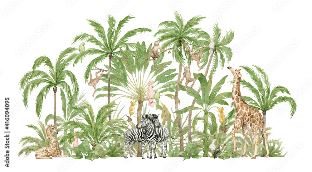 Watercolor safari animals and tropical palms. Jungle compositions. Giraffe, zebra, monkey, parrot. Brigth summer exotic jungle.  - obrazy, fototapety, plakaty 