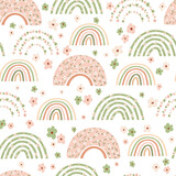 Children's seamless pattern with spring rainbow and flower in pastel colors. Cute texture for kids room design, Wallpaper, textiles, wrapping paper, apparel. Vector illustration