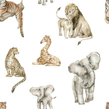 Watercolor Seamless Pattern With Wild African Animals. Elephant, Lions, Tiger, Leopard, Giraffe. Background With Wildlife Nature