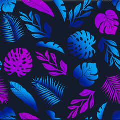 Wall Mural - Botanical neon tropical seamless vector pattern isolated on dark background. Concept for wallpaper, wrapping paper, cards