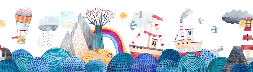 Cute seamless pattern sea landscape, waves, montains, ships, lighthouse, clouds and rainbow, balloon for travel. Watercolor illustration. Children's horizontal poster. Horizontal repeating banner.