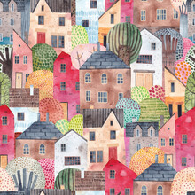 Abstract Seamless Pattern With Houses. Watercolor Background. Perfect For Fabric, Textile, Wallpaper, Kindergarten.