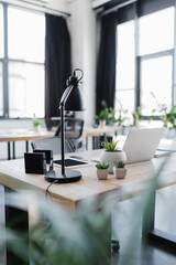 Poster - Lamp near plants and devices on table in office