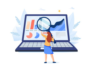 Woman looking at indicators on laptop screen through magnifying glass. Concept of PС performance or computer system.