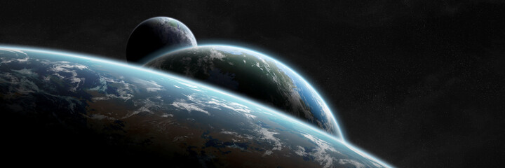 Leinwandbilder - Panoramic space planets background. Panorama of distant solar system with exoplanets 3D rendering elements of this image furnished by NASA