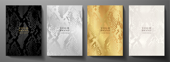 Wall Mural - Modern abstract cover design set. Luxury black, gold, silver background with animal print (snake skin pattern). Premium vector collection for brochure, notebook template, menu