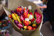 Beautiful bouquet of multi-colored tulips in a flower shop.