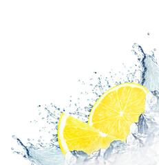 Poster - lemon water splash and ice cubes isolated on white background