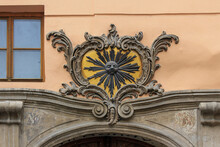 House Sign In Old Town, Prague. The Black Sun At Dům U Černého Slunce.