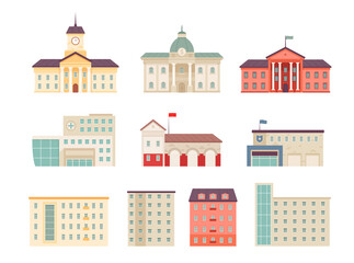 Canvas Print - Municipal buildings. Government houses city library hospital bank supermarket campus urban buildings vector flat isolated on white. University building and municipal police hospital illustration