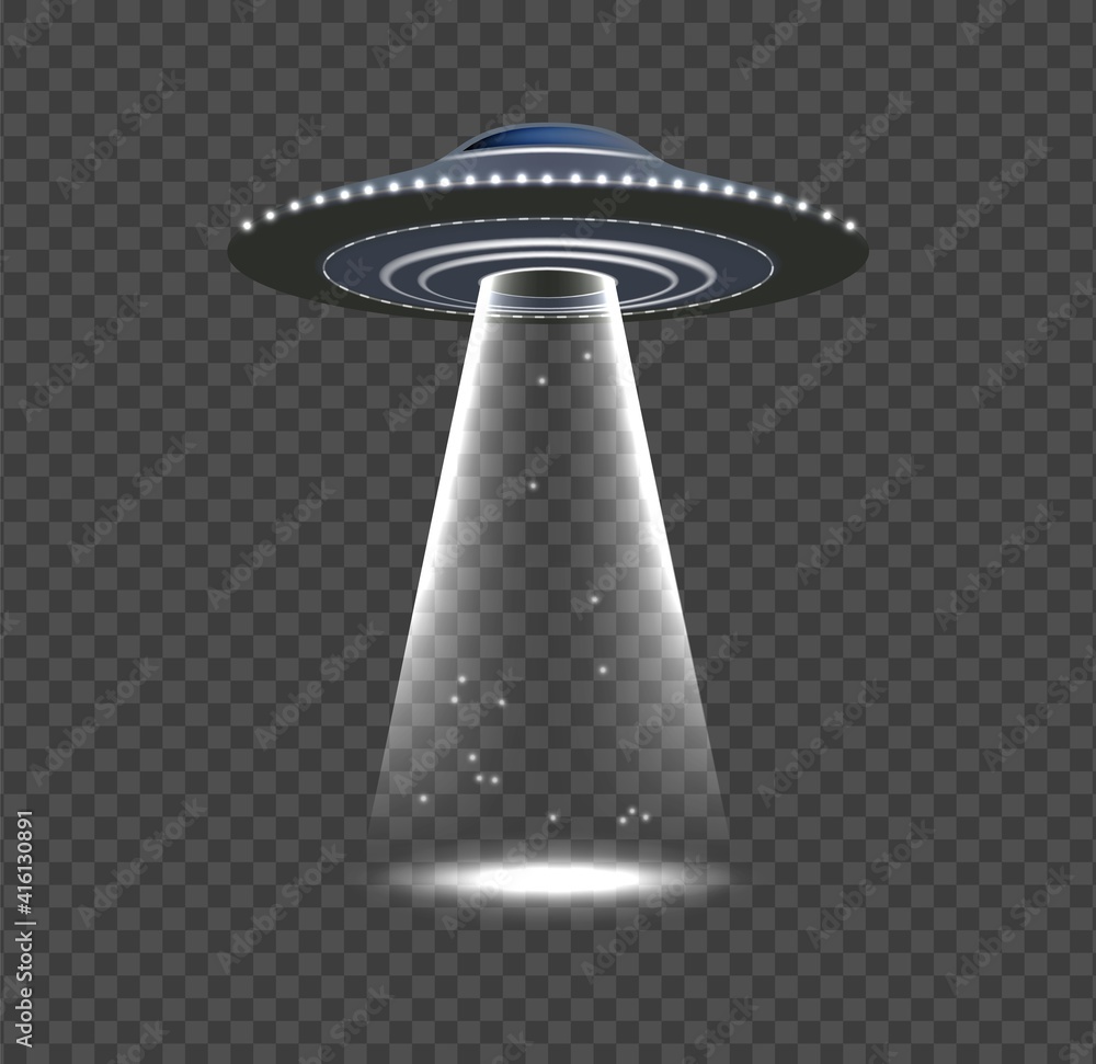 UFO invasion. Alien spaceship, realistic space object with rays. Flying ship,  lights and glow vector elements. Illustration invasion ufo, spotlight  sci-fi glow Stock Vector | Adobe Stock, image size:1000x971