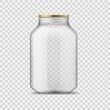 Glass jar. Empty clear glass container with metal cap, closed transparent 3d glassware for homemade jam and canning food, preservation and conservation, storage realistic vector mockup
