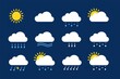 Weather icons. Season climate, precipitation rain and snow. Flat meteo report or forecast elements. Sunny cloudy rainy utter vector symbols. Illustration weather rain symbol, thunderstorm and sun