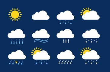 weather icons. season climate, precipitation rain and snow. flat meteo report or forecast elements. 