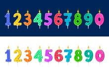Candles For Kids Birthday Holiday Cake Cartoon Vector Set. Child Birthday Party Celebration Number Candles With Colorful Patterns And Fire, Anniversary Holiday Cake Or Pie Decoration Collection