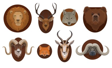 Hunting trophies, wild animal head mount. Lion, wolf and grizzly bear, forest deer, mountain ram and african gazelle with horns, fox, cape buffalo head on different shape wooden boards cartoon vector