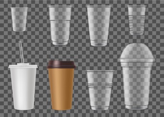 Wall Mural - Disposable plastic cups for fast food cafe drinks mockup. Empty cardboard and plastic containers for hot and cold beverages, coffee, beer and cocktails with straw and lid 3d realistic vector templates