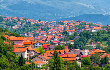 Poster - Hillside covered with ref roof houses, Sarajevo, Bosnia and Herzegovina