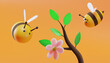 Blossom tree branch. Sweet little bees flying. 3D illustration. Vector
