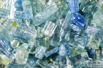 Wall Mural - Close-up of crystals of natural mineral aquamarine (blue beryl). Crystals background