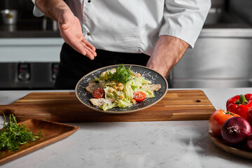 Unrecognizable Chef in Unifrom Showing Dish Prepared By Him, Representing Delicious Food At Master Class. Cropped Male In Uniform