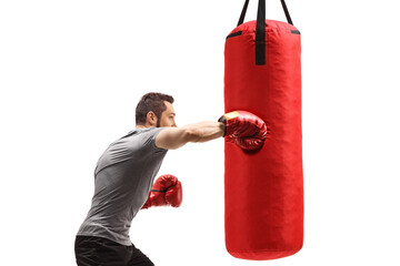 Poster - Muscular man training box with a punching bag