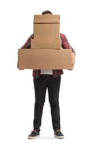 Man Holding A Tall Pile Of Cardboard Boxes